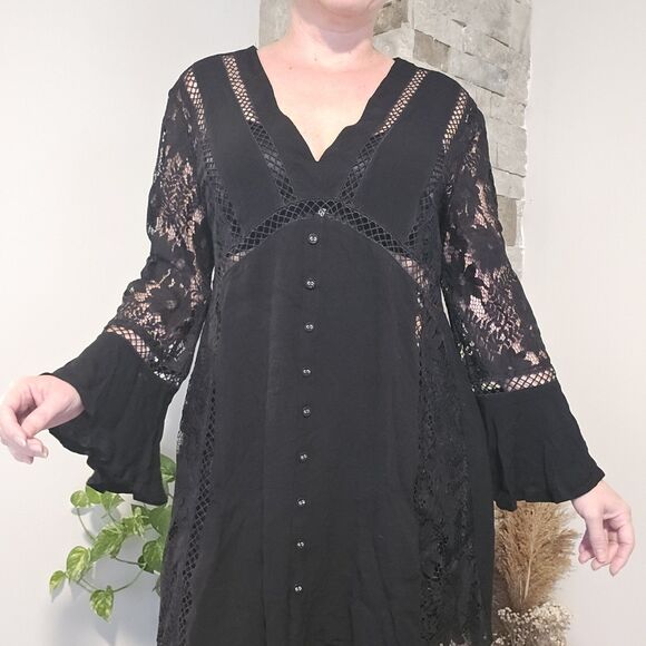 Rumor Babydoll Mini Dress Shirt Lace SZ 12  Black Bell Sleeve Y2k Whimsical Goth - Picture 4 of 16